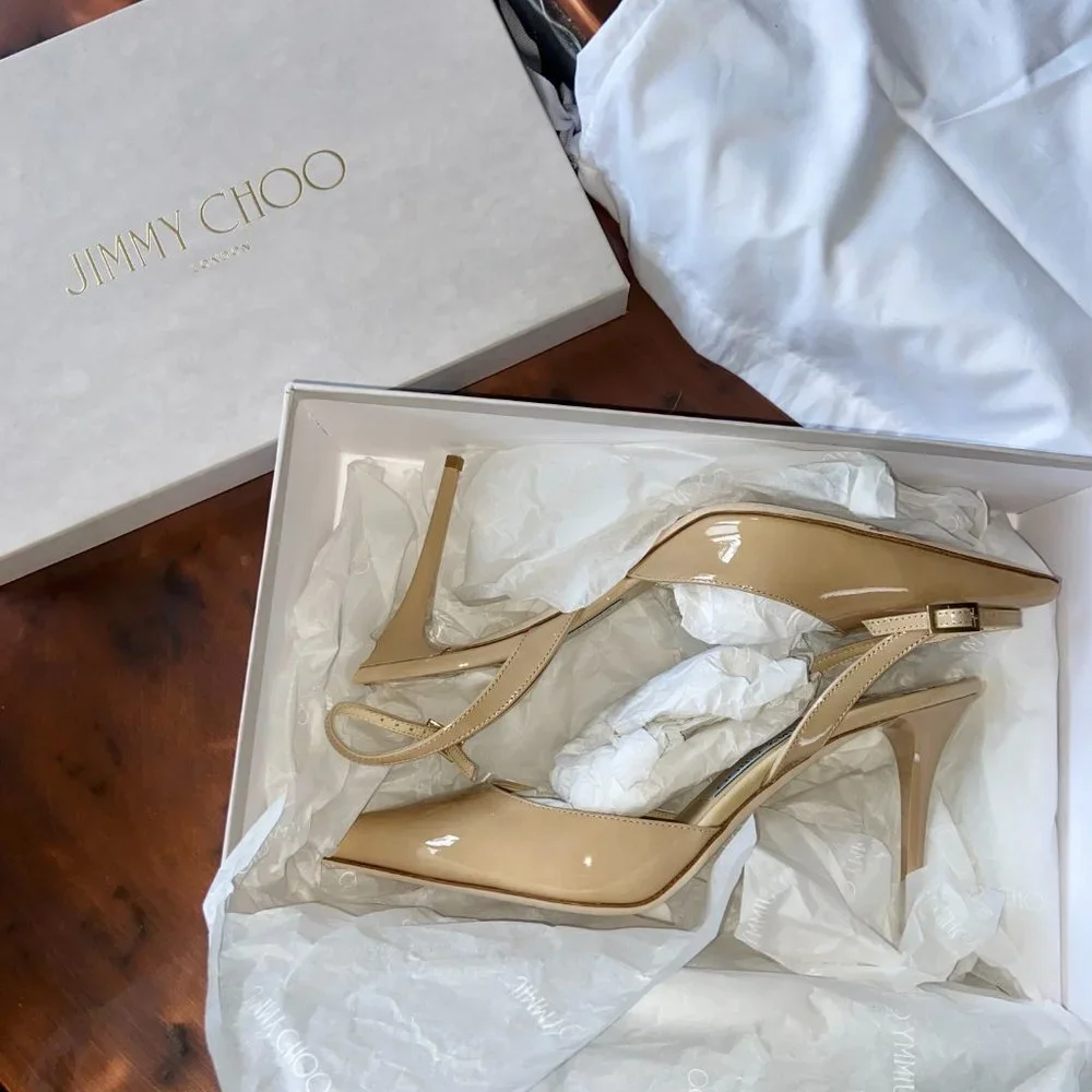 Jimmy Choo Women's Nude Tilly Patent Leather Sling-Back Pumps | Size 39.5 (US 9) - Picture 2 of 9